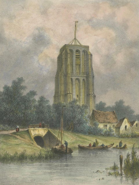 The Leaning Tower of Leeuwarden, Hilverdink’s Oldehove Lithograph, 1858, close-up 2