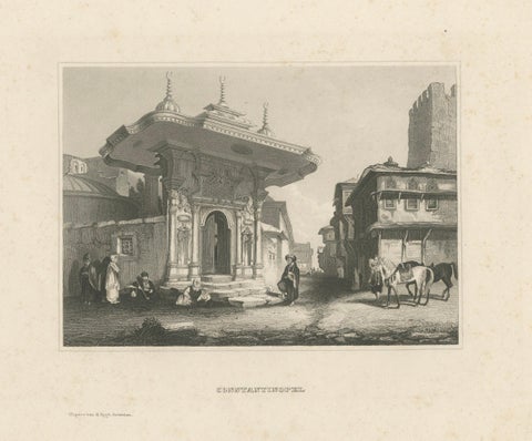 Constantinople Street Scene, Antique Print, Ottoman Fountain, 1850, close-up 1