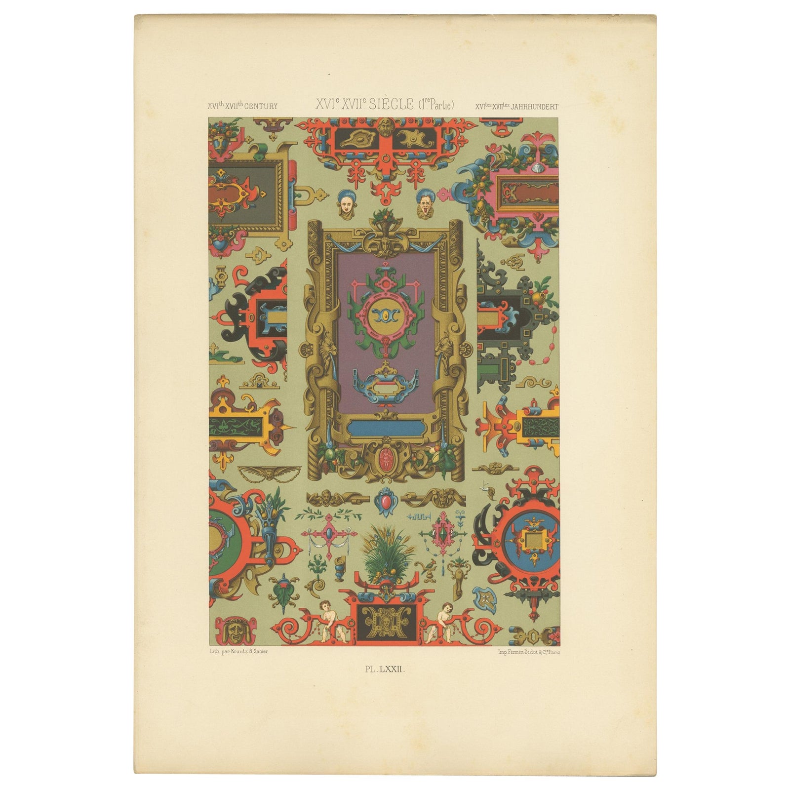 Pl. 72 Antique Print of XVIth and XVIIth Century Ornaments by Racinet (c.1890)
