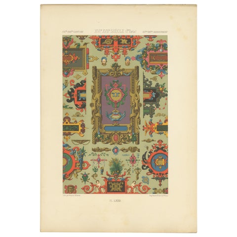 Pl. 72 Antique Print of XVIth and XVIIth Century Ornaments by Racinet (c.1890)