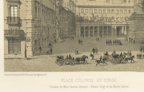 Piazza Colonna and Column of Marcus Aurelius, Rome, Benoist 1869 Lithograph, close-up 4