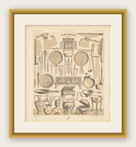 Pl. 26 Antique Print of Roman Decorative Objects by Racinet, 'circa 1880', shown framed