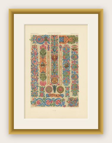 Pl. 52 Antique Print of Renaissance Ornaments by Racinet, circa 1890, shown framed
