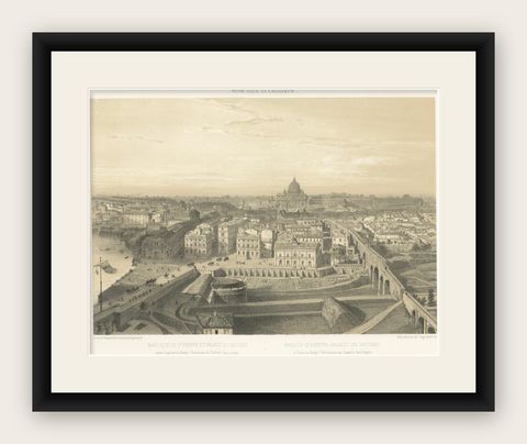 St Peter’s Basilica and Vatican Palace Panorama, Rome, Benoist 1869 Lithograph, shown framed