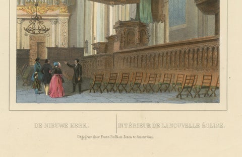 Antique View of Nieuwe Kerk Interior, Amsterdam, Hand-Colored Lithograph, c.1850, close-up 2
