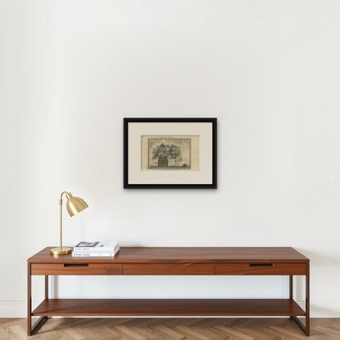 Antique Print of the Water Castle of Canton, circa 1780, shown framed on a wall, true to size