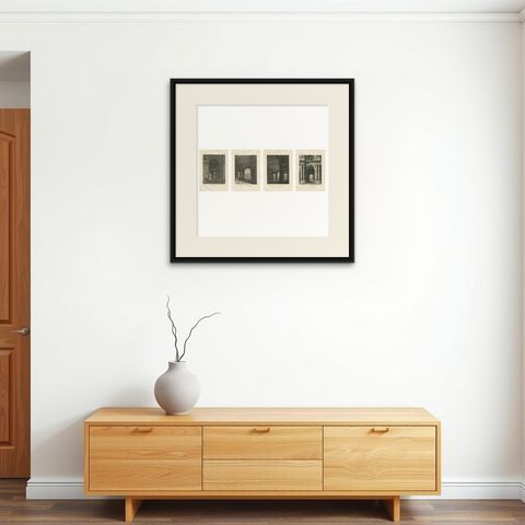 Antique French Architectural Engravings, Louvre Interior Arches Set of four 1803, shown framed on a wall, true to size