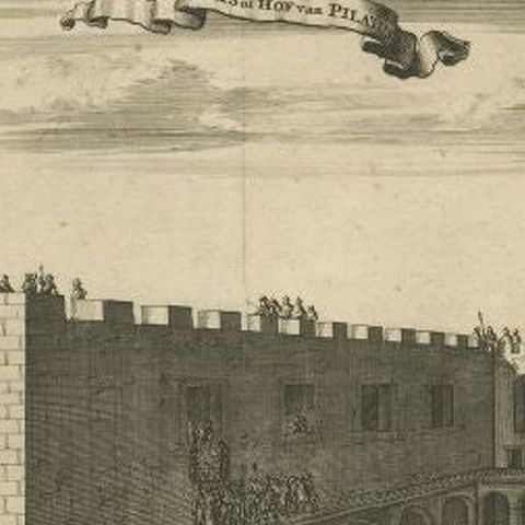 Antique Print of the Palace of Pontius Pilatus in Jerusalem, 1677, close-up 1
