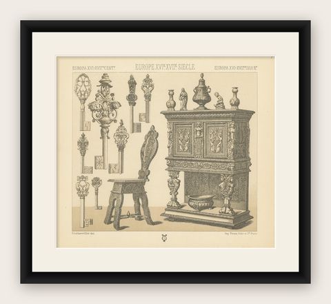 Pl. 76 Antique Print of European XVIth-XVIIth Furniture by Racinet, circa 1880, shown framed