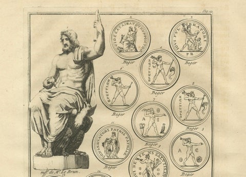 Jupiter and Roman Coin Types, Antique Classical Engraving, Montfaucon, 1721, close-up 3