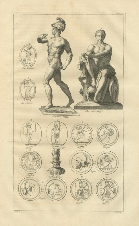 Antique Classical Wall Engraving, Roman Mythology, Montfaucon 1721, close-up 1