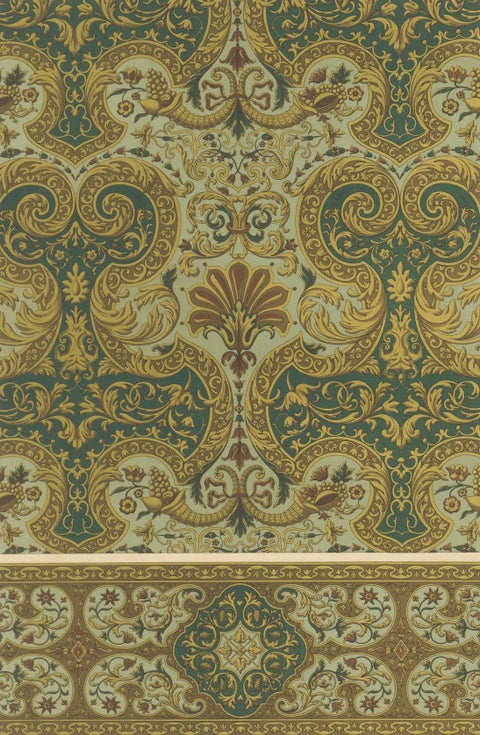 17th Century Baroque Ornament Print, Rich Gold and Green Decorative Motif, close-up 5