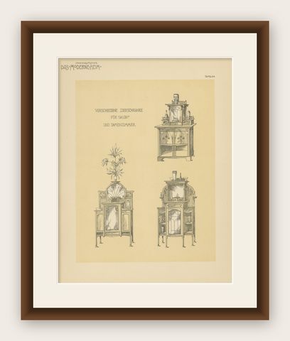 Pl 64 Antique Print of Decorative Cabinets by Kramer, 'circa 1910', shown framed