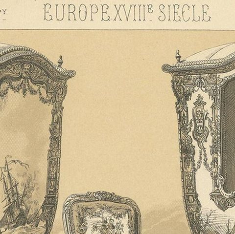 Pl. 109 Antique Print of European XVIIIth Century Furniture by Racinet, close-up 1