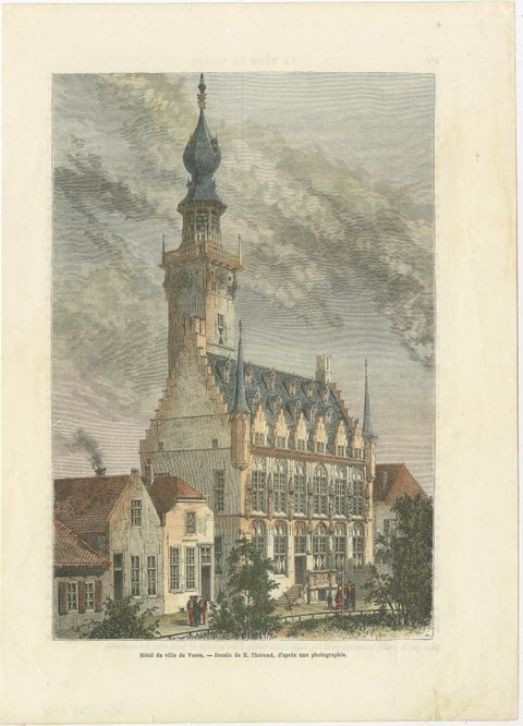 1875 Engraving of the Historic City Hall in Veere in Zeeland by E. Thérond, view 2