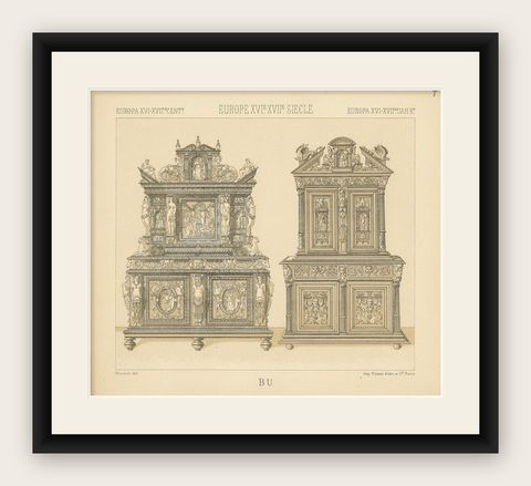Pl. 74 Antique Print of European XVIth-XVIIth Furniture by Racinet 'circa 1880', shown framed