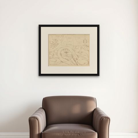 Pl. 71 Antique Print of Furniture Details by Kramer, circa 1910, shown framed on a wall, true to size