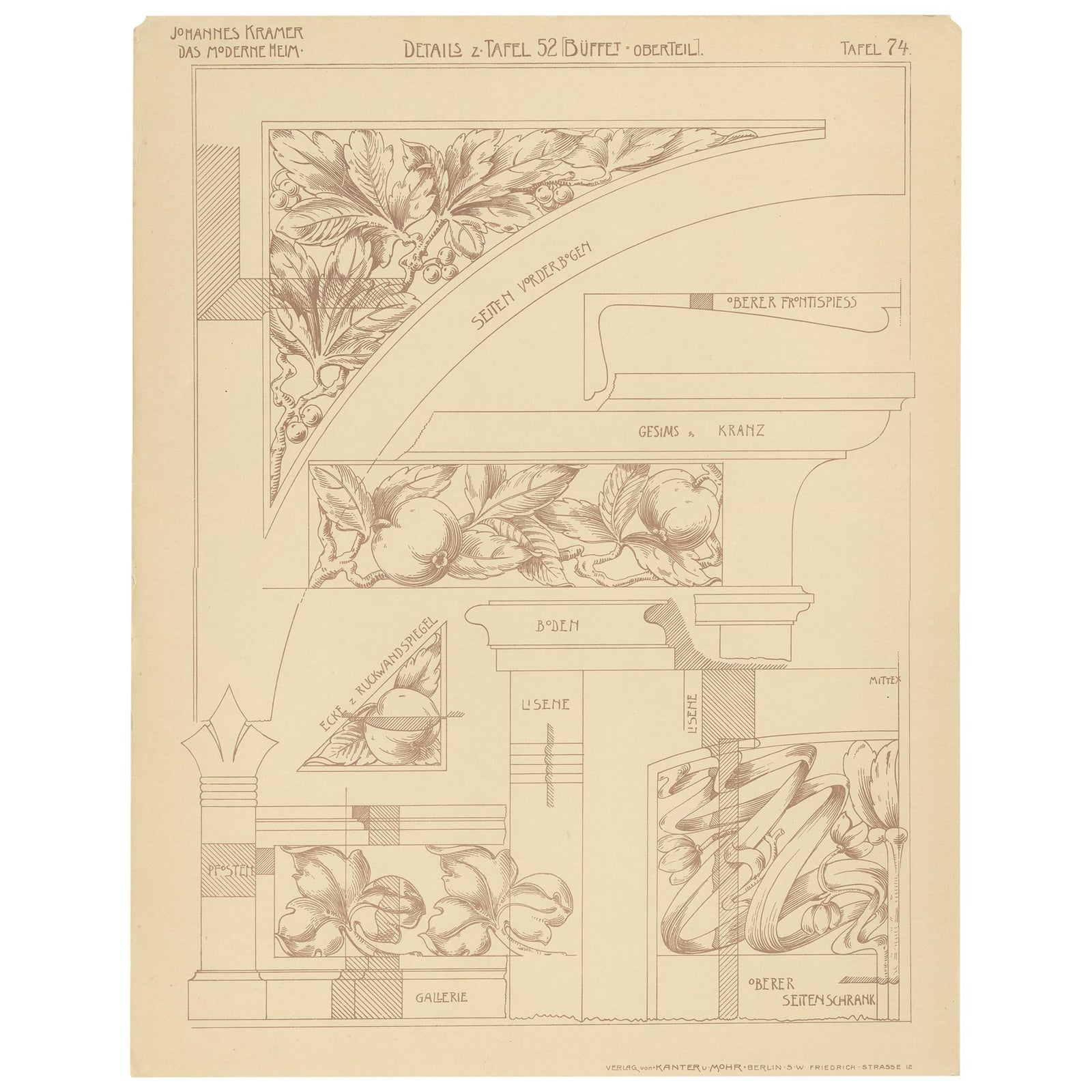Pl. 74 Antique Print of Furniture Details by Kramer, circa 1910