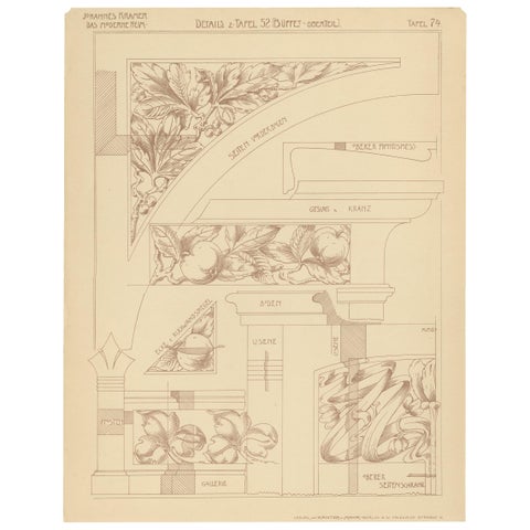 Pl. 74 Antique Print of Furniture Details by Kramer, circa 1910