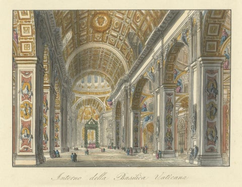 Interno della Basilica Vaticana, Antique Hand-Coloured Interior View (c.1840), close-up 1
