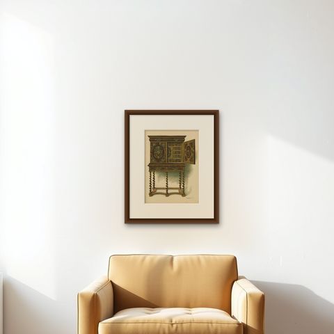 Antique Print of English Furniture 'Walnut Cabinet' by P. Macquoid, 1906, shown framed on a wall, true to size
