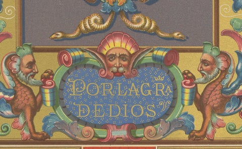 Renaissance Ornament Print, “Por la Gracia de Dios” with Cherubs & Scrollwork, close-up 3