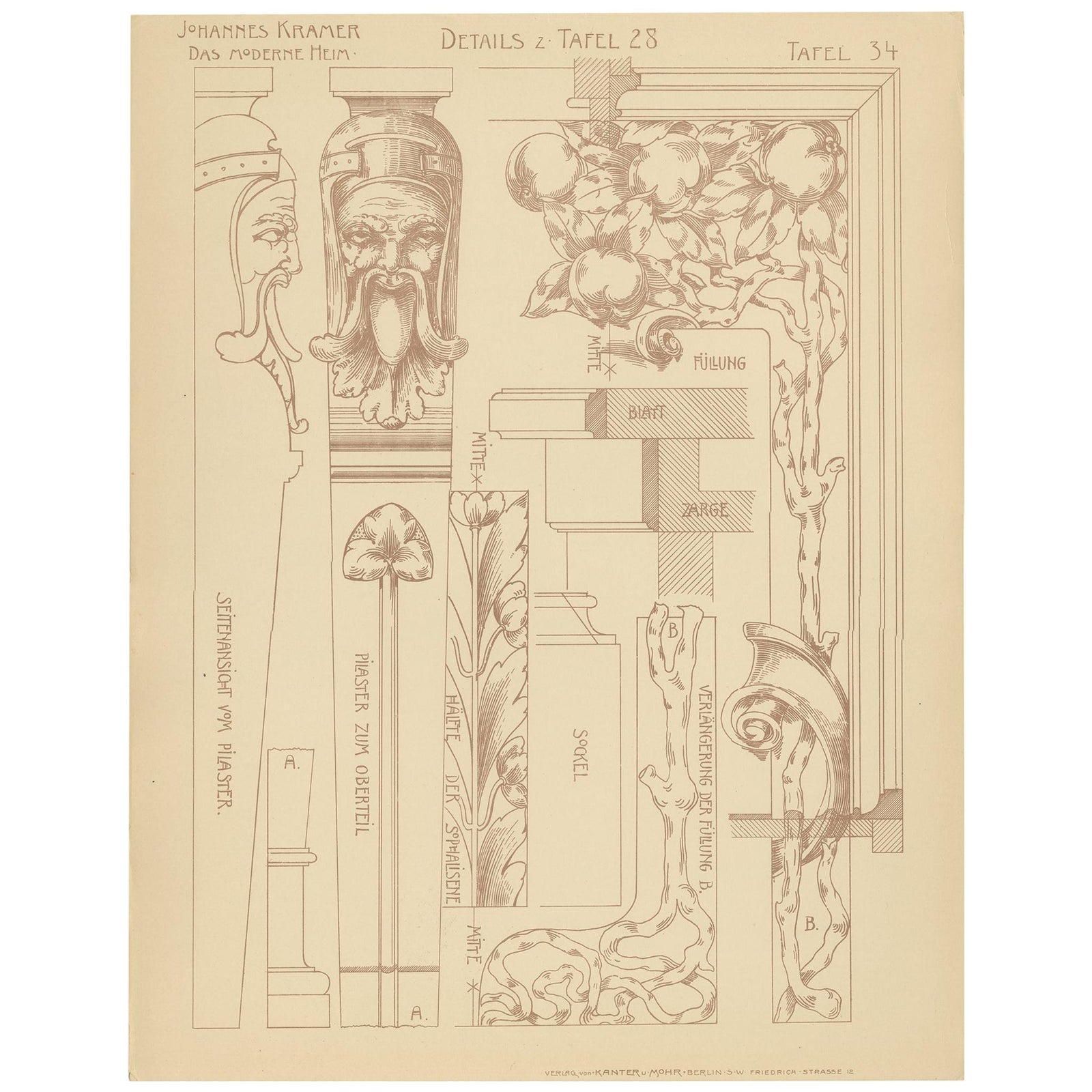 Pl. 34 Antique Print of Furniture Details by Kramer, circa 1910