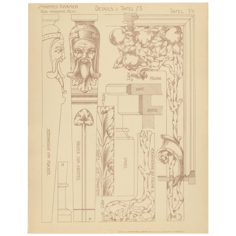 Pl. 34 Antique Print of Furniture Details by Kramer, circa 1910