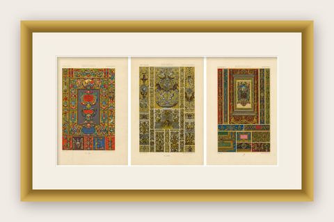 Set of Three Renaissance Grotesque Ornament Chromolithographs by Racinet, 1873, shown framed