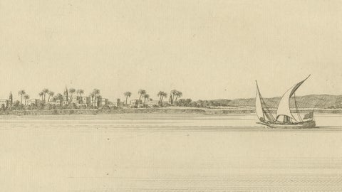 Across the Nile, Pair of Antique Egypt Engravings with Distant Pyramids, c.1755, close-up 4