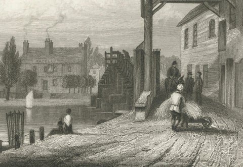 Reflective Waters and Bygone Days: The Hampton Court Bridge Engraving, 1835, close-up 3