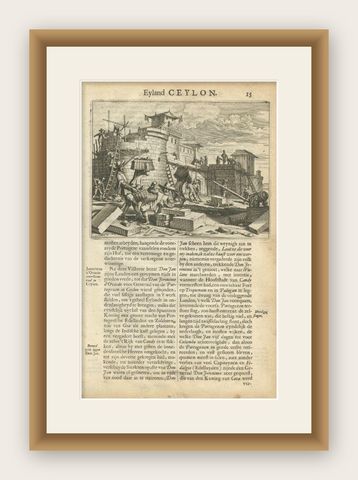 Antique Print of Portuguese Prisoners Building a Palace in Ceylon or India, 1672, shown framed