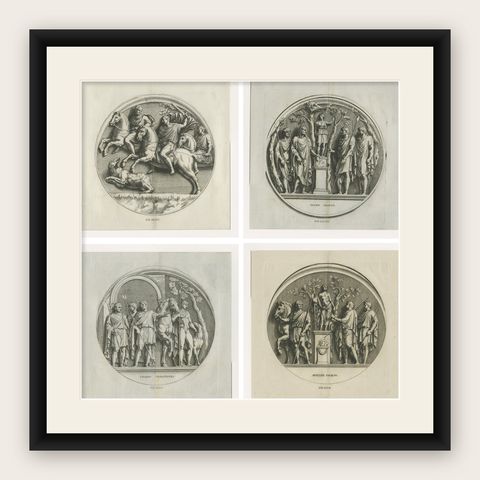 Grand Roman Relief Engravings after Antique Sculpture, Montfaucon 1721, shown framed