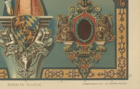 German Renaissance Painted Sculpture Print by Dolmetsch, Ornamentenschatz, 1887, close-up 4