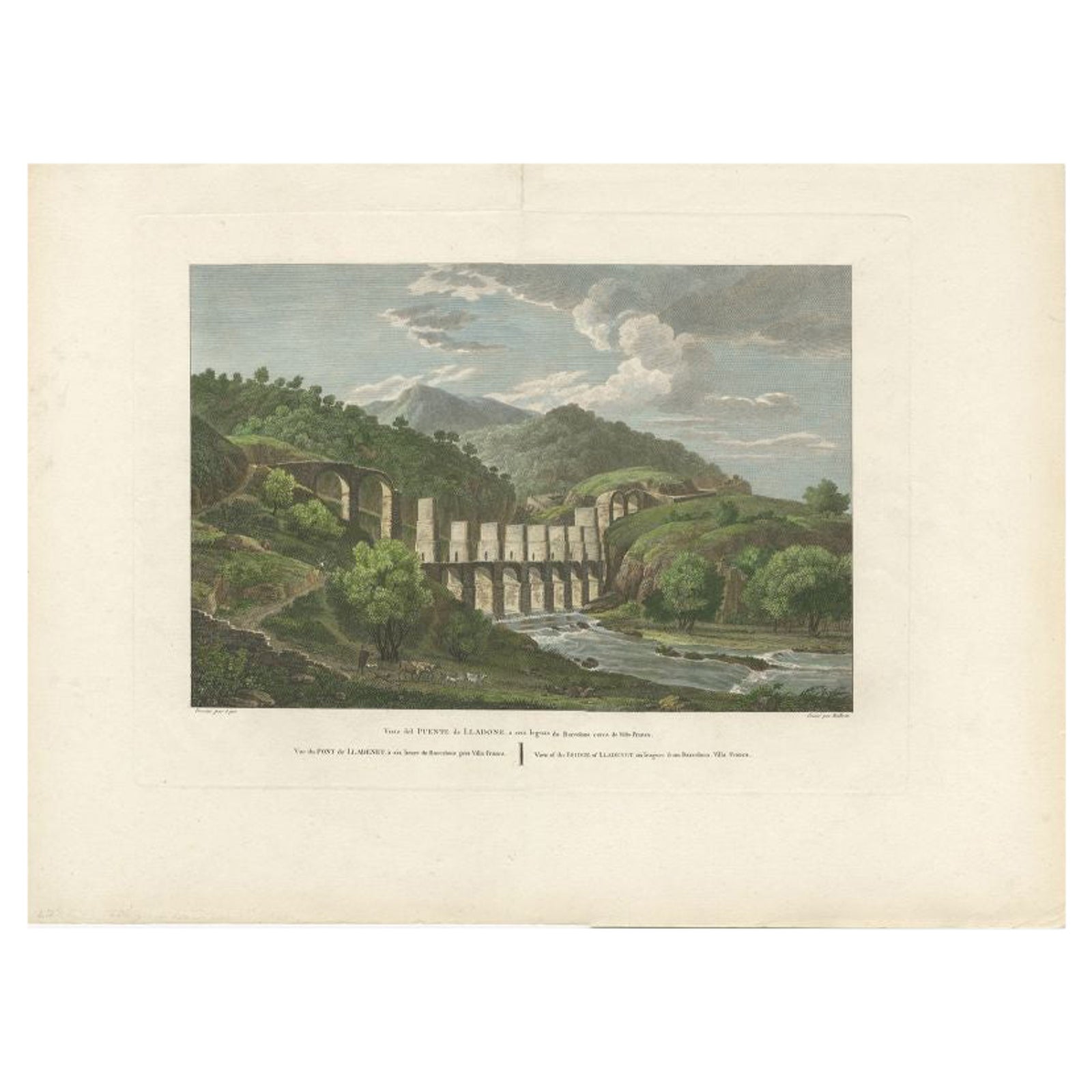 Antique Print of the Bridge of Lladenet, Six Leagues From Barcelona, Spain