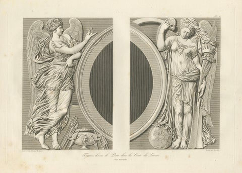 Antique Louvre Architectural Engravings Pair, French Neoclassical Reliefs, 1803, close-up 1