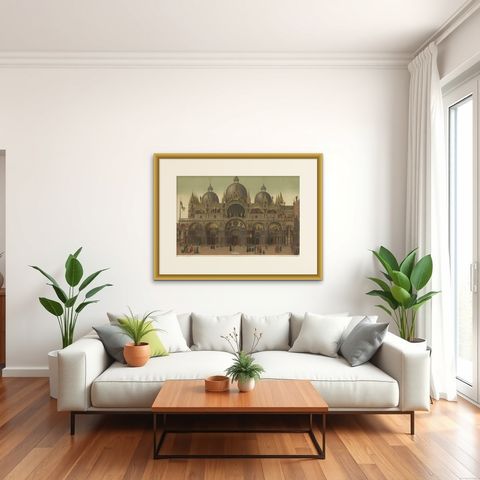 Large Antique Print of the Main Facade of the Basilica of San Marco, 1881, shown framed in a room, true to size
