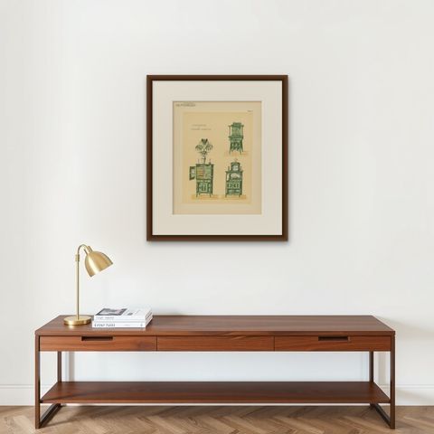 Pl. 14 Antique Print of Decorative Cabinets by Kramer 'circa 1910', shown framed on a wall, true to size
