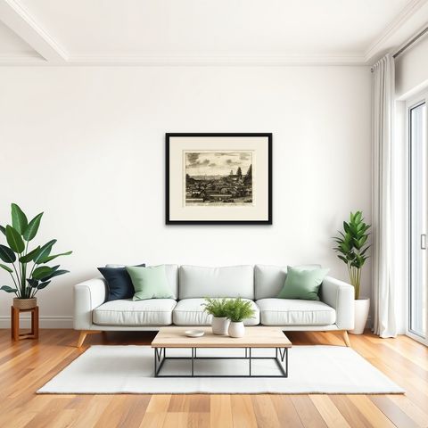 Antique Print of the Imperial Palace in Edo or Tokyo in Japan, c.1725, shown framed in a room, true to size