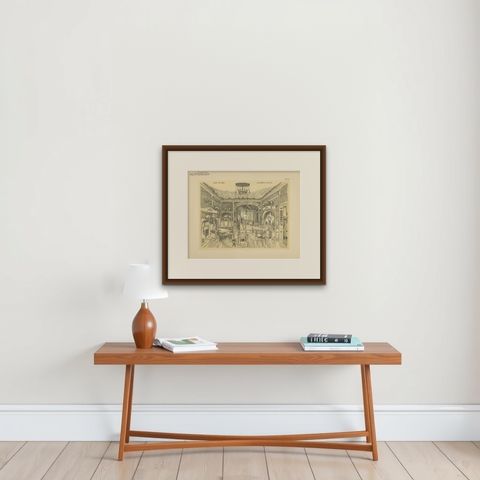 Antique Print of a Salon with Bay Window, circa 1910, shown framed on a wall, true to size