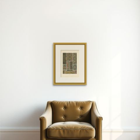 Pl. 69 Antique Print of XVIth and XVIIth Century Ornaments by Racinet circa 1890, shown framed on a wall, true to size
