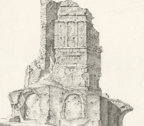 Roman Tower Ruins at Nîmes, Tour Magne Landscape Lithograph, France c.1818, close-up 3