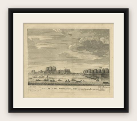 Antique Print of the Castle of Batavia, Capital of the Dutch East Indies, 1726, shown framed