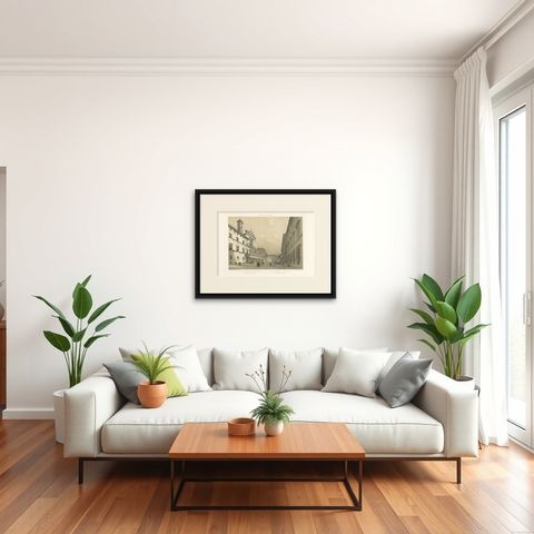 Rome Piazza Santi Apostoli, Grand Architectural View, Benoist 1869, shown framed in a room, true to size