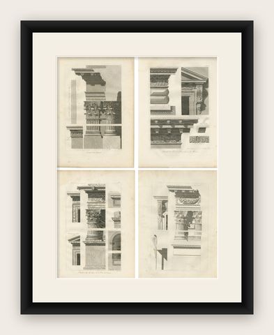Antique French Louvre Architectural Engravings, Set of 4, Baltard 1803, shown framed
