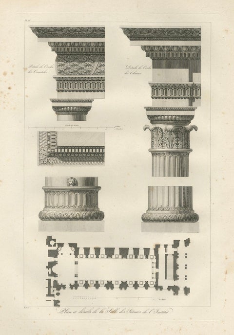 Two Antique Louvre Architectural Study Prints, Institut Details, Baltard 1803, close-up 1