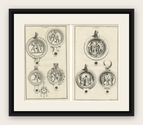 Ancient Lamps in Art: Montfaucon's 18th-Century Engravings, circa 1722, shown framed