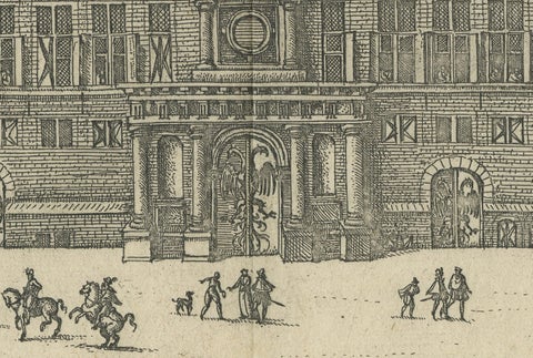 Rare 1582 Copper Engraving of Hanseatic House, Antwerp by Guicciardini, close-up 5