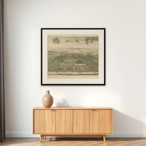 Antique Print of the Oostkapelle Estate by Smallegange, 1696, shown framed on a wall, true to size