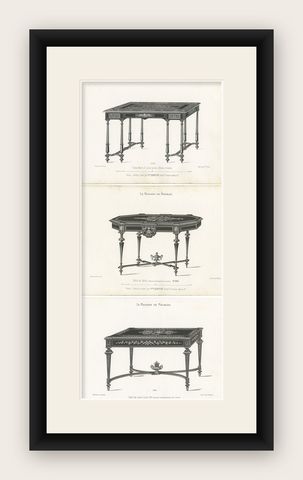 Set of 3 Antique Furniture Prints of Various Tables by Quetin, circa 1860, shown framed